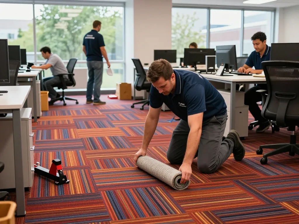 Commercial carpet installation in a modern office workspace enhancing aesthetics and functionality.