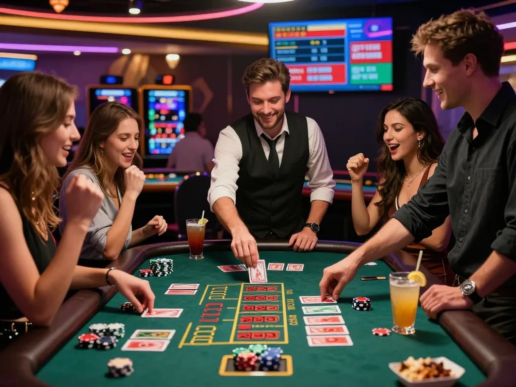 Exciting moments at https://gem88.com.mx/ blackjack table in vibrant casino with friends cheering.