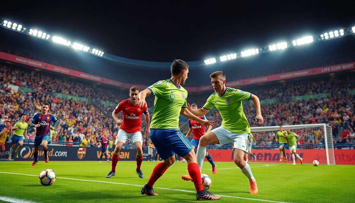 Live football match scene showcasing action related to joemadfan.com with vibrant colors and dynamic players.