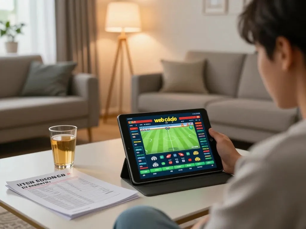 Engaged user exploring web cá độ bóng đá on a tablet in a cozy home setting, showcasing online betting experience.