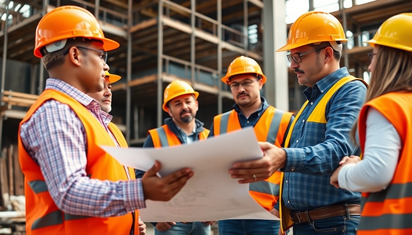 New York General Contractor overseeing construction project with blueprints on site.