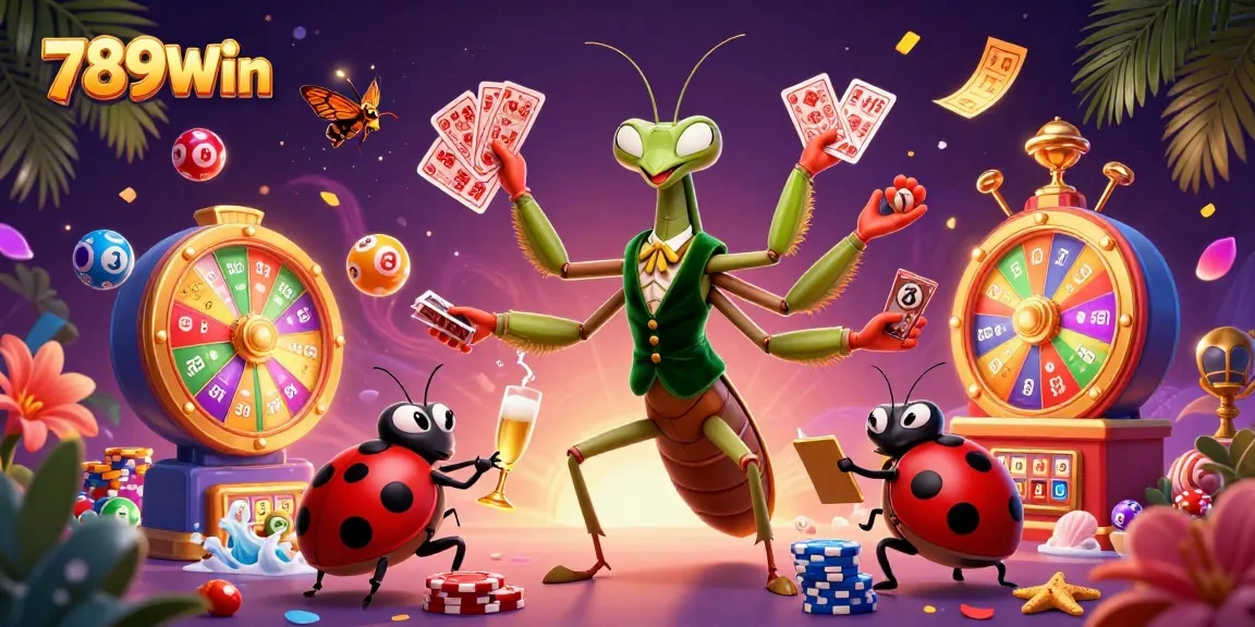 Bustling 3D casino scene showcasing 789Win with a prancing mantis card sharp, ladybug pit boss, and exciting game elements.