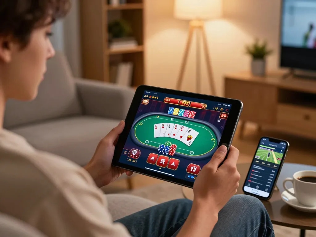 Engaging with BL555 online poker game on tablet in cozy home setting.