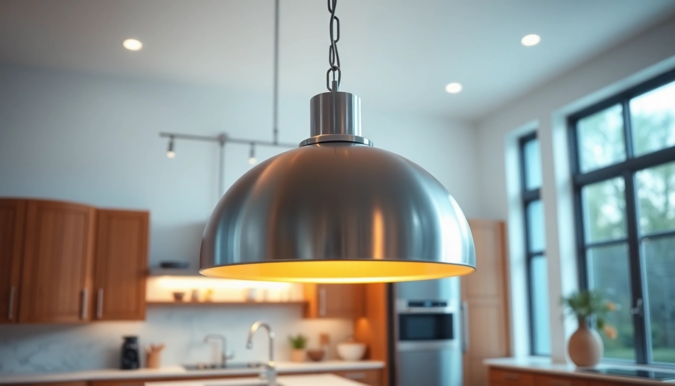 Elegant island light fixture illuminating a modern kitchen setting with inviting warmth.