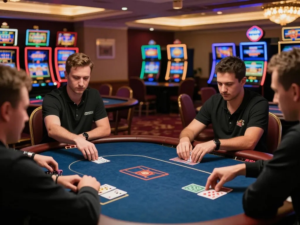 Players strategizing in a vibrant poker game at 789WIN casino, showcasing intense gameplay.