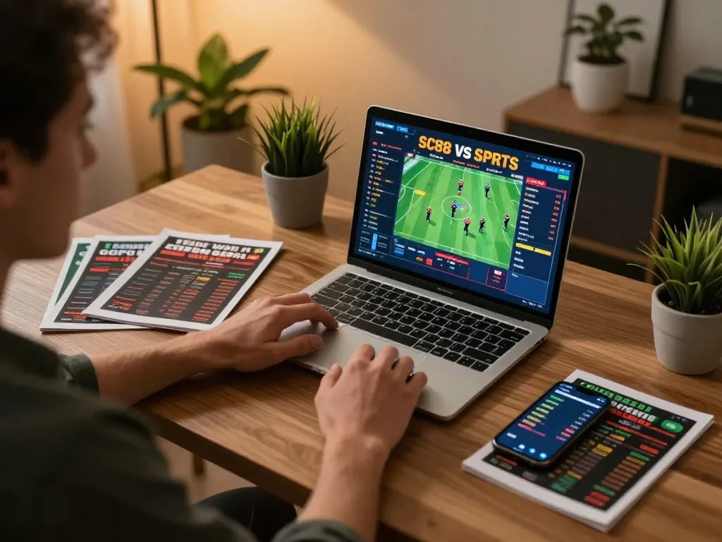 Person placing a sports bet on SC88 with a laptop, showcasing action of online gambling.