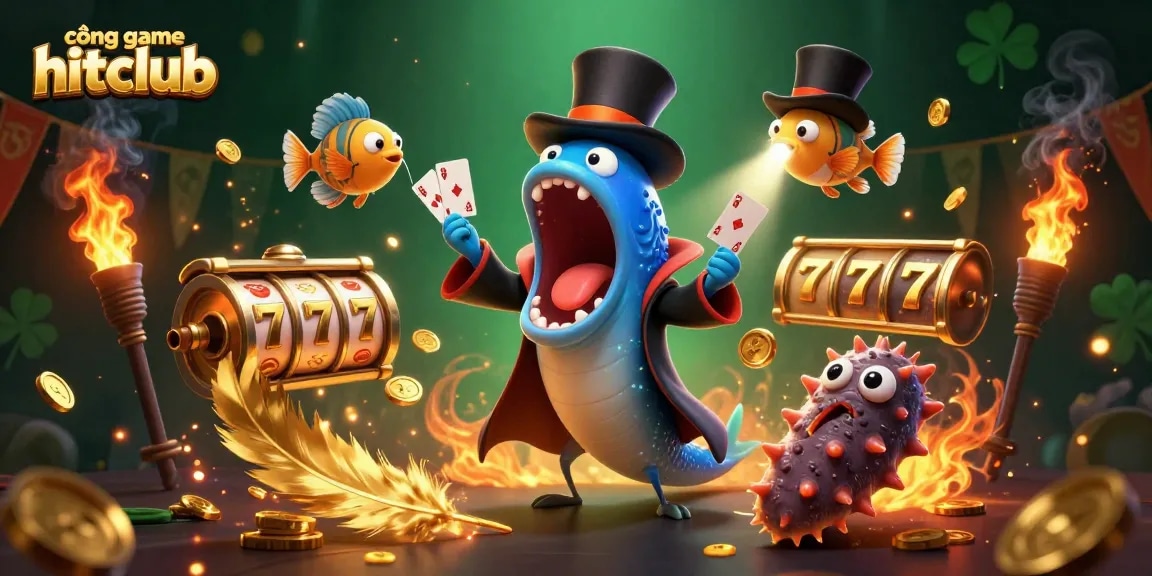 Cổng game hitclub showcases a vibrant underwater casino scene with animated characters performing magic tricks.