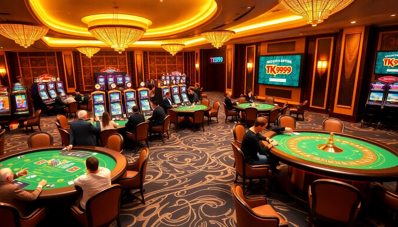 Engaging players in a luxurious TK999 casino scene featuring roulette tables and slot machines.