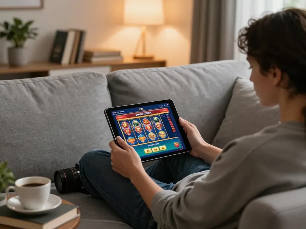 C168 user enjoying online slots on a tablet, showcasing a cozy home gaming atmosphere