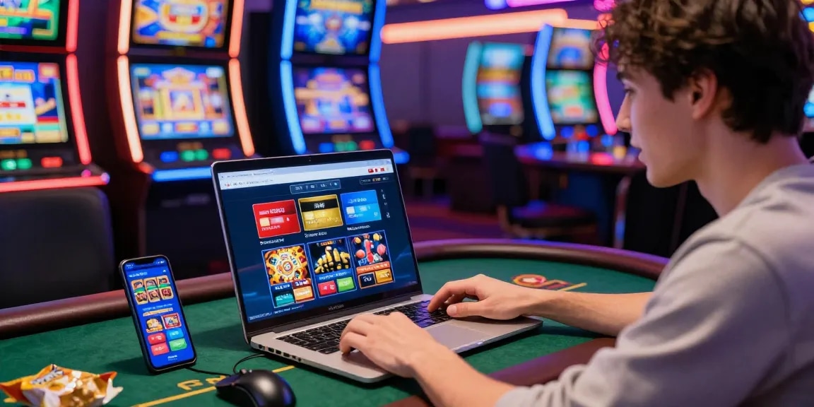 Player engaging with credit card casinos at cocomaya.co.uk, showcasing vibrant online gaming experience with colorful slot machines.