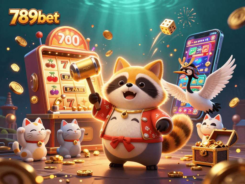 Experience the excitement of 789bet with colorful casino games and cheerful characters in this vivid illustration.