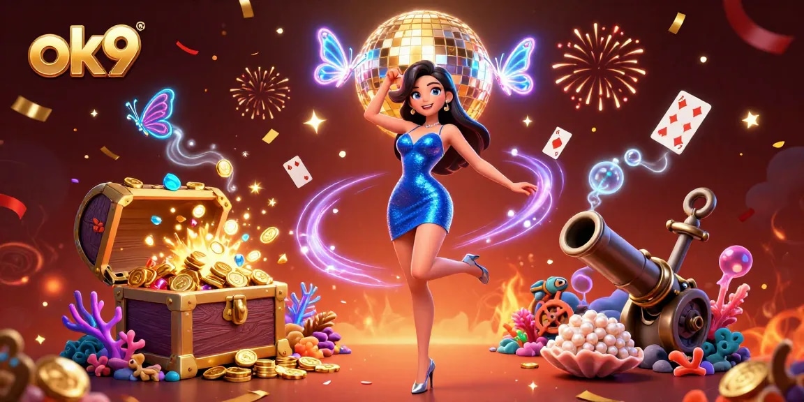 Betting wins at ok9 with the glamorous dancer and sparkling casino elements.