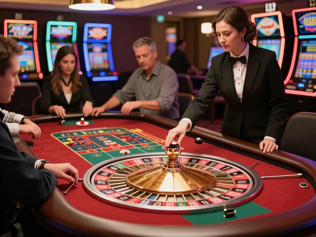 Experience the thrill of LINK AE888 roulette action with engaged players and a spinning wheel.