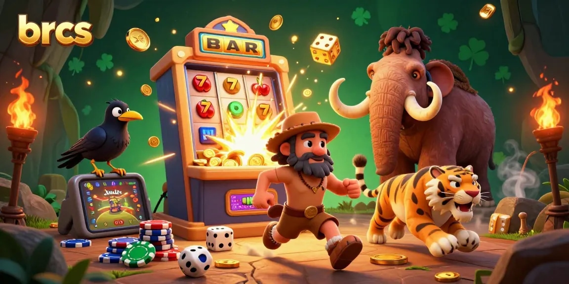 Experience vibrant gaming at brcs casino with a lively caveman and sabertooth duo managing prehistoric slot games.