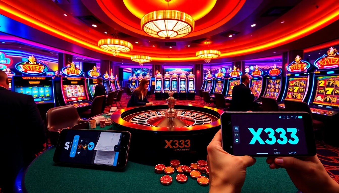 X333 platform showcasing a thrilling gambling scene with roulette, poker chips, and mobile devices.