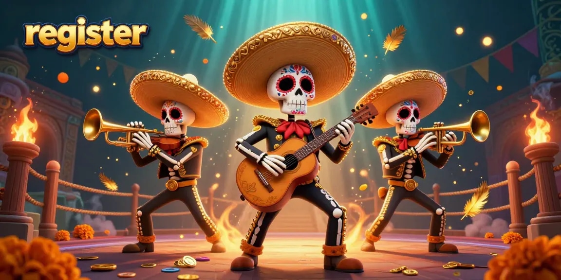 Register to play thrilling casino games with vibrant mariachi skeletons in action.