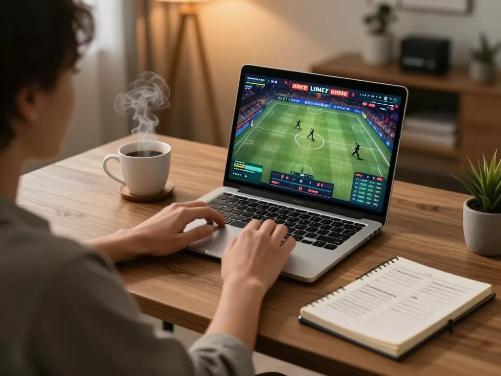 Engaging in live sports betting on NK88 using a laptop in a stylish home office.