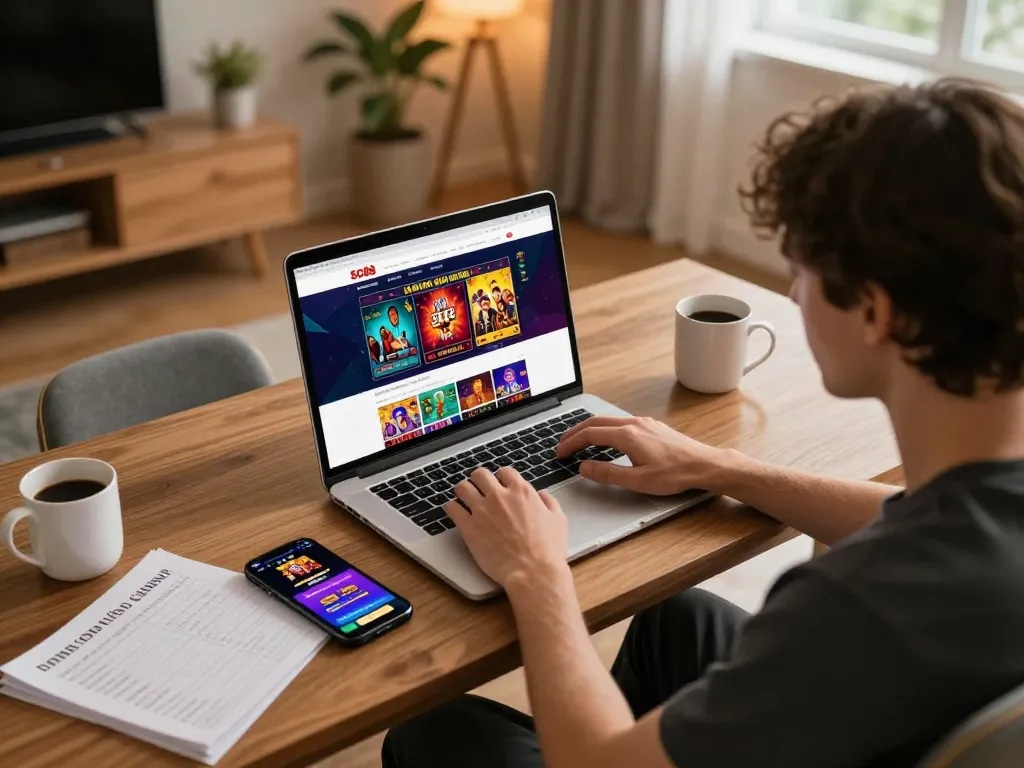 Player engaging with SC88 online casino game while analyzing strategy notes at home