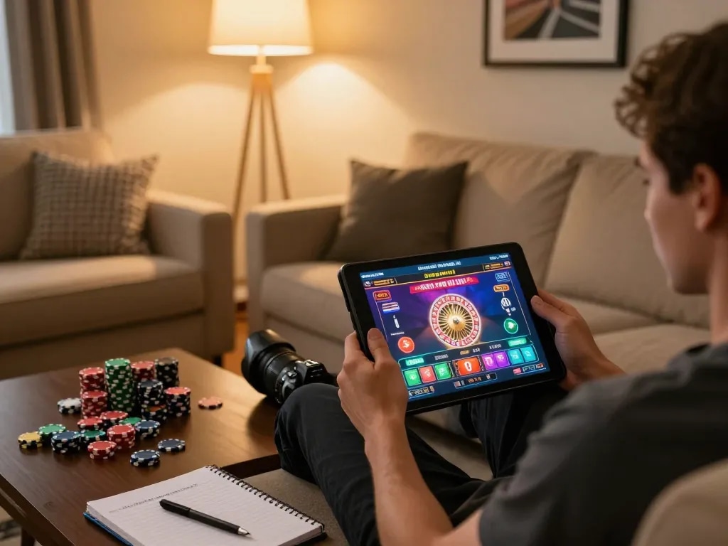 Tải hitclub with a person playing online roulette game on tablet, showcasing vibrant interface and strategy notes.
