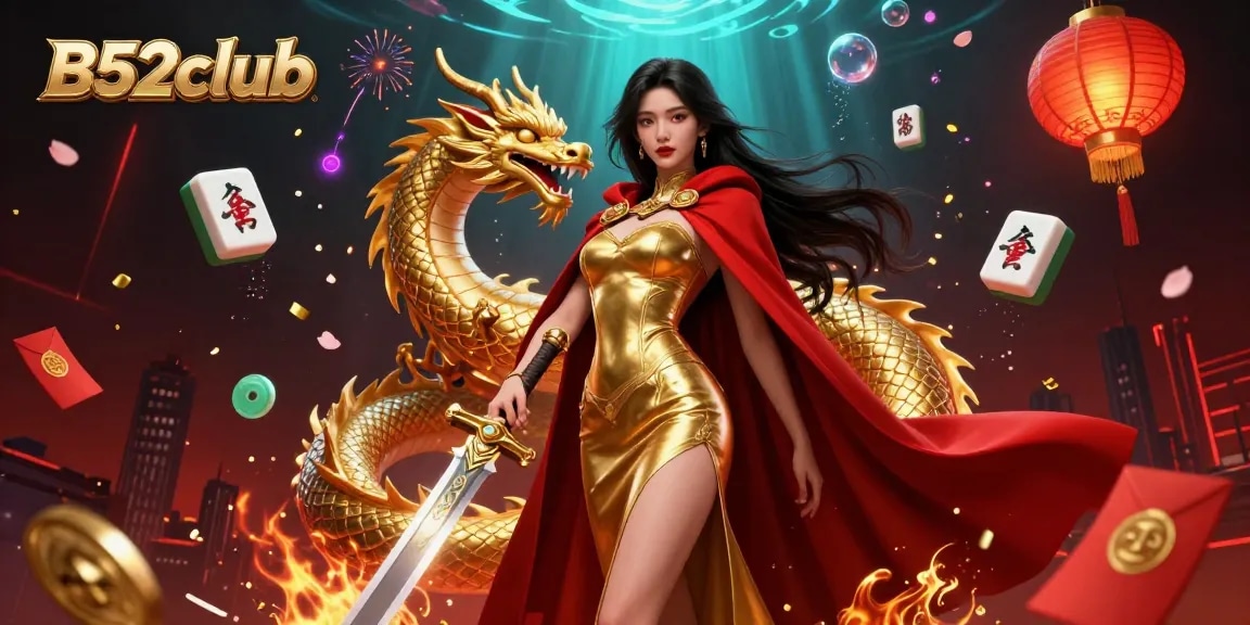 Experience the excitement of B52club with a warrior queen and golden dragon in this vibrant gambling illustration.