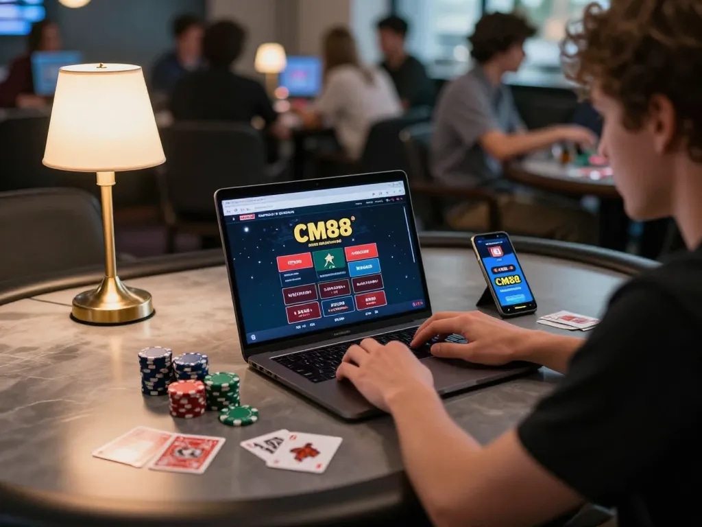 Player strategizing as they engage with CM88's online poker platform via laptop in cozy setting
