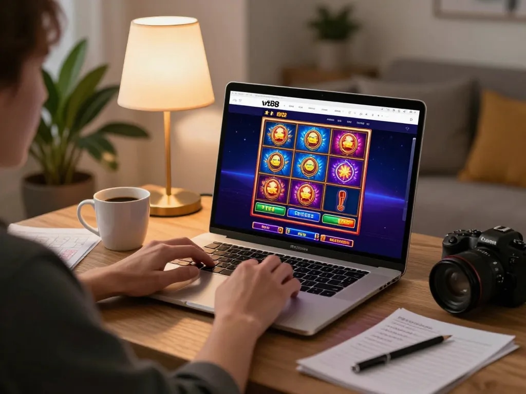 Engaging with the vt88 homepage while enjoying online casino gaming from a cozy home setting.