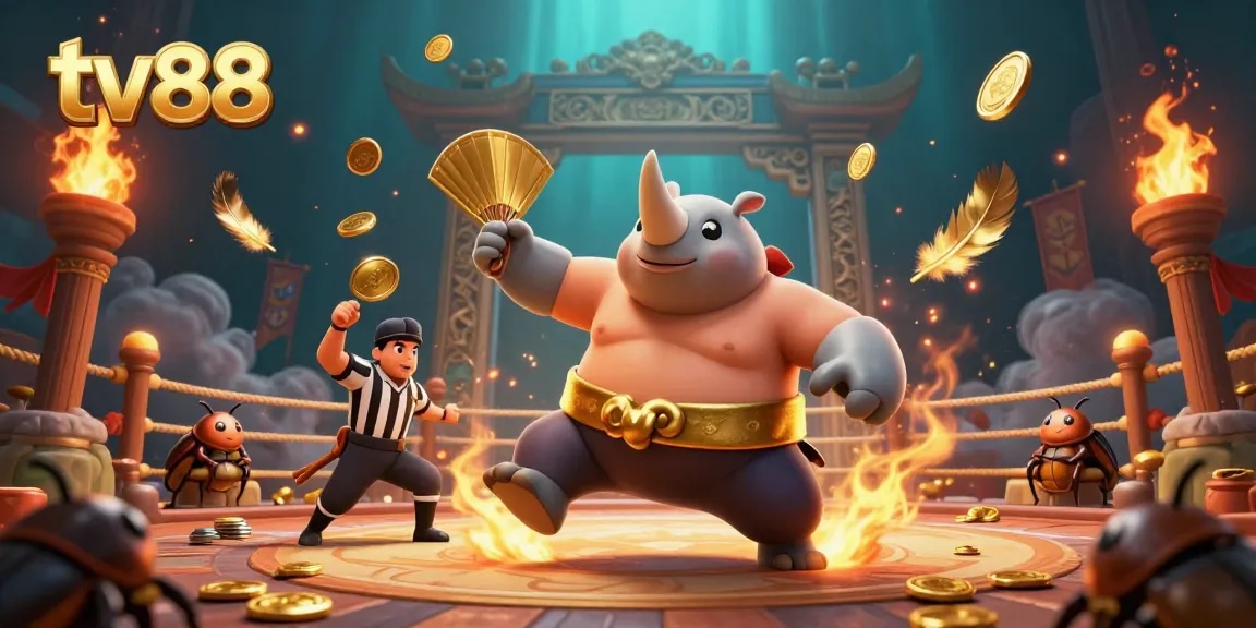 Experience thrilling gameplay with tv88 as a sumo beetle champion sends coins flying in this vibrant casino illustration.