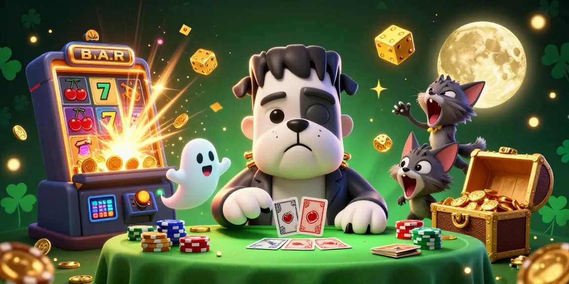 SUNWIN offers thrilling gameplay with a lively scene featuring a Frankenstein bulldog and a werewolf kitten at a casino table.
