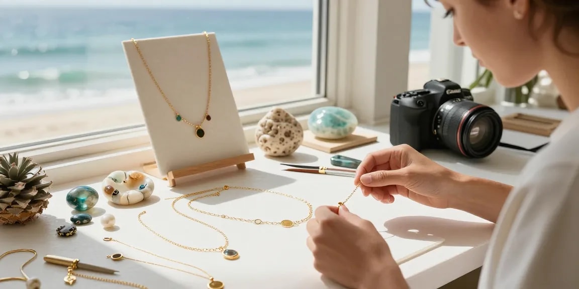 Creating a recycled gold necklace in a serene coastal jewelry studio.