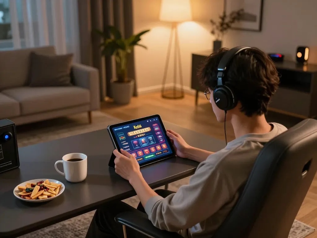 Person playing online casino games at Ko66 from a cozy home setup with snacks and coffee