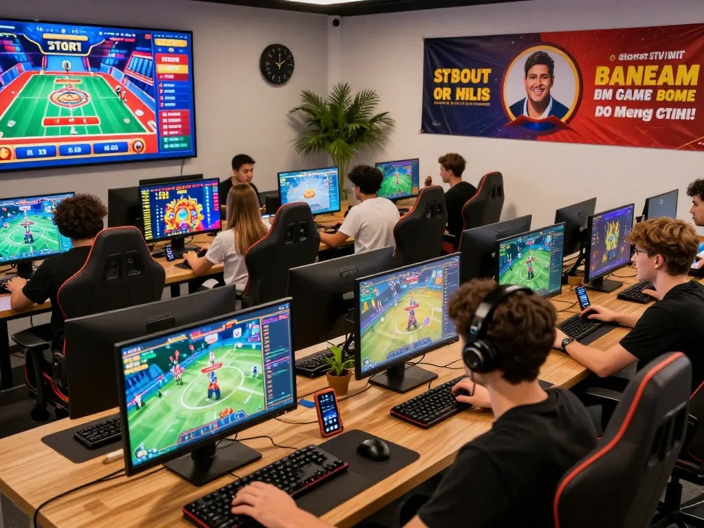 Hit club online gaming scene with players enjoying casino games, sports betting, and lively promotions in a modern gaming lounge.