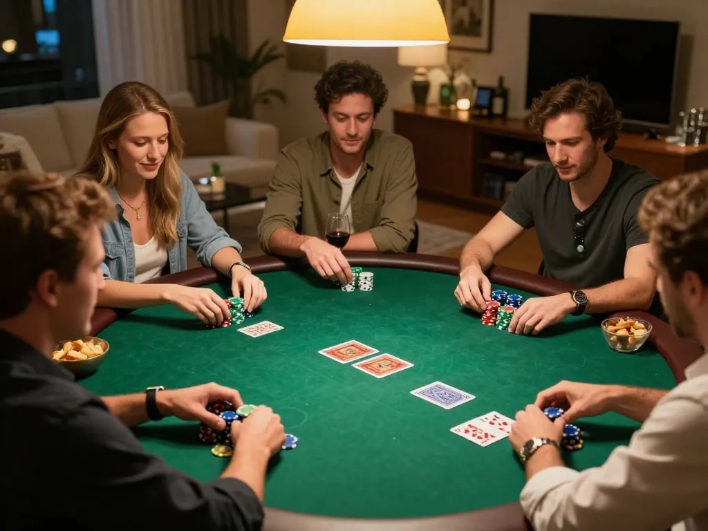 Players enjoying an engaging poker game at home, showcasing their strategies at the iwinclub poker table.