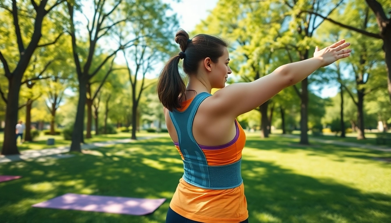 Active individual demonstrating the fivali back brace during a stretch in a sunlit park, highlighting comfort and support.