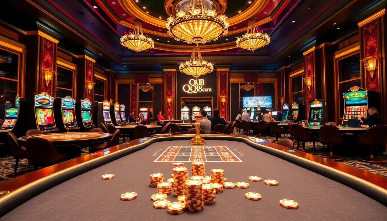 Players enjoying thrilling games and betting at qq88 com in a luxurious casino setting.