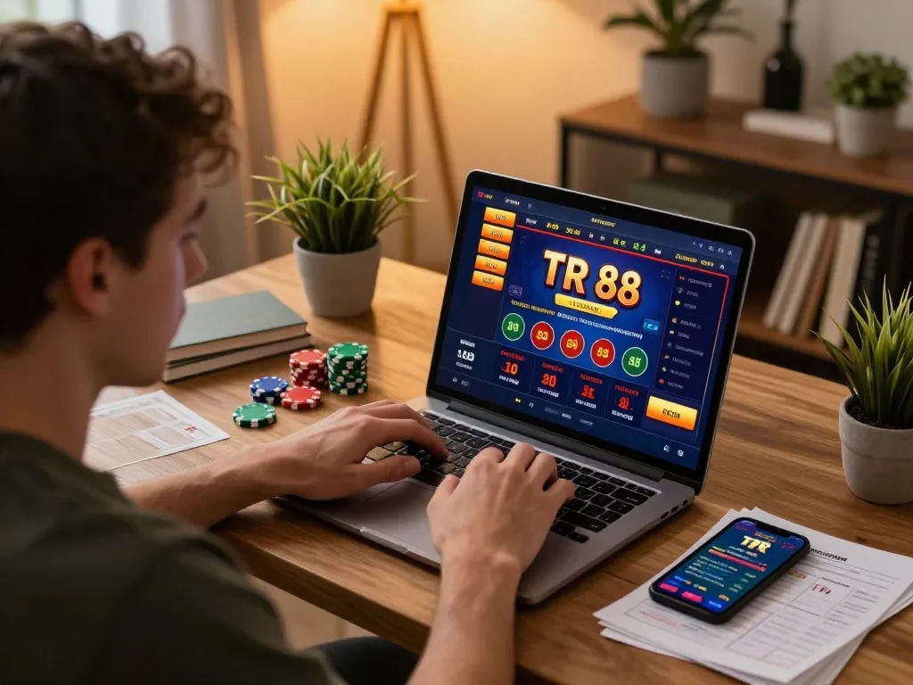 Player using TR 88 online gaming platform, surrounded by strategy notes and a smartphone.
