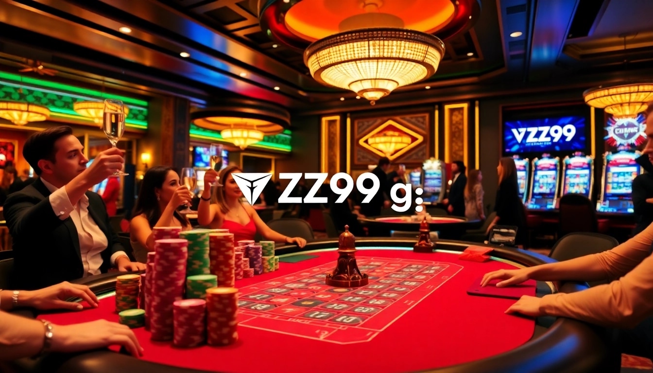 Players enjoying high-stakes poker at VZ99 gg, with vibrant casino visuals and luxurious ambiance.