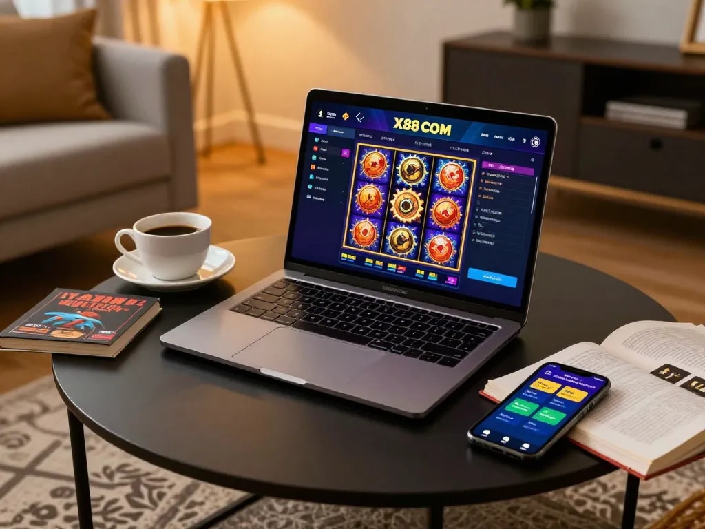 Player engaging with X88 COM slot games on a laptop in a cozy home environment
