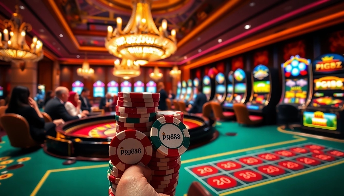Excited players engaging at a roulette table in a vibrant casino environment featuring pg88-themed poker chips.