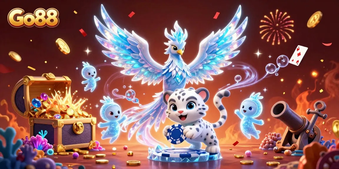 Engaging Go88 illustration showcases a vibrant casino-themed celebration with exotic creatures and dynamic gaming elements.