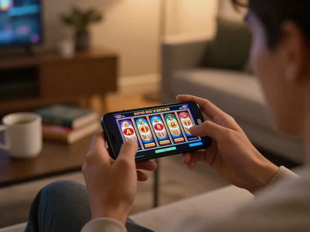 Gambling on the go with a smartphone at https://play-hbet.com/ showcasing vibrant slot screens and a cozy home setting.