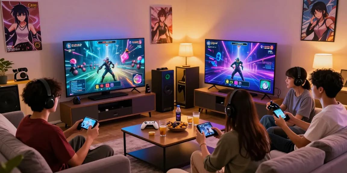 Mind control hentai gaming scene with friends enjoying browser-based games, colorful graphics, and an inviting atmosphere.