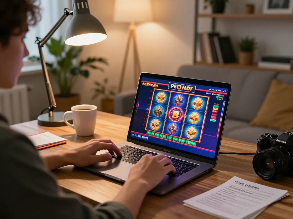 Bomwin user enjoying an online casino experience with engaging slot games on a laptop in a cozy setting.