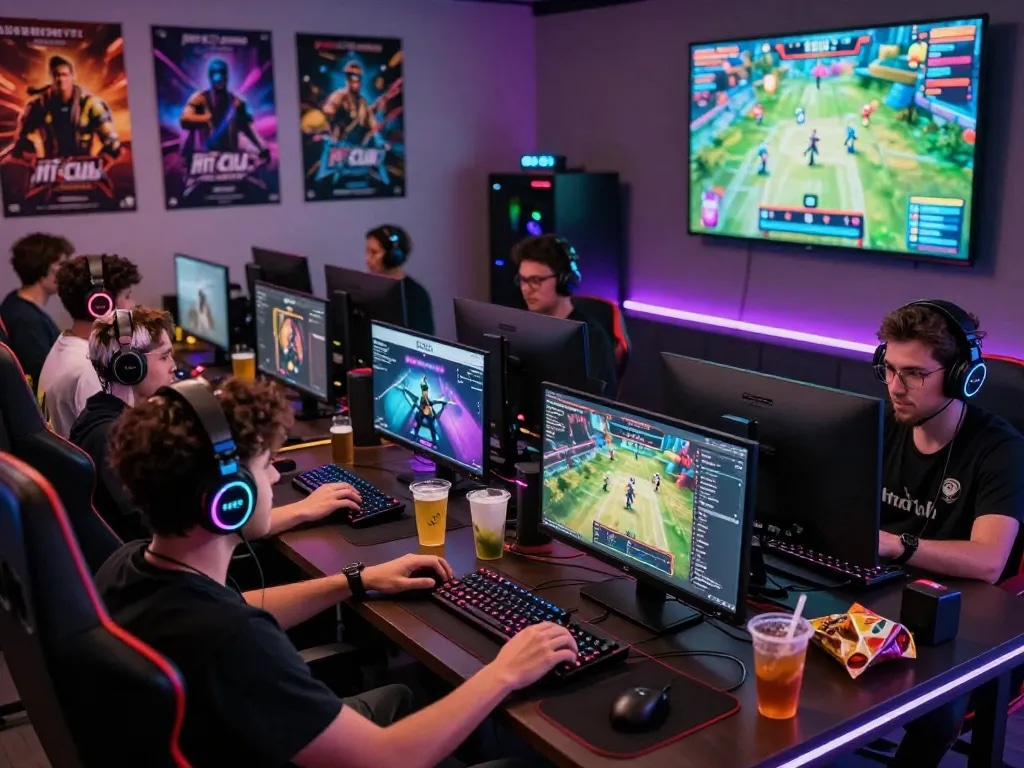 Tải hitclub gaming scene with diverse players enjoying online games, energetic atmosphere, competitive interaction.