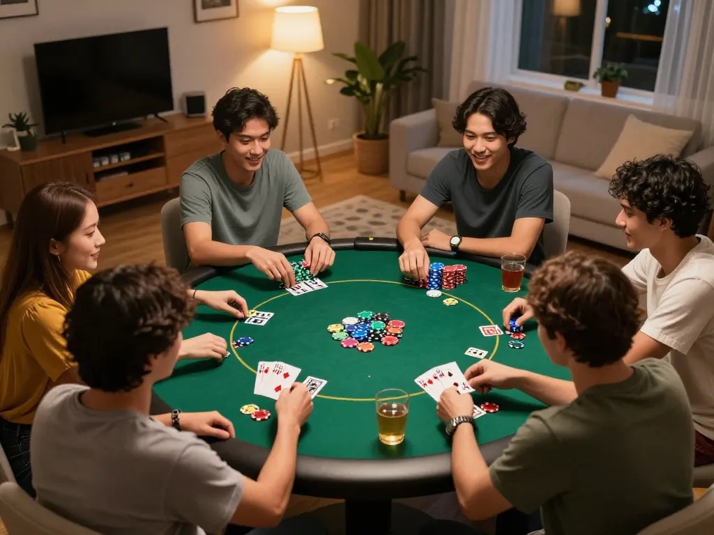 open88 poker night, friends playing cards, vibrant atmosphere with chips and drinks.