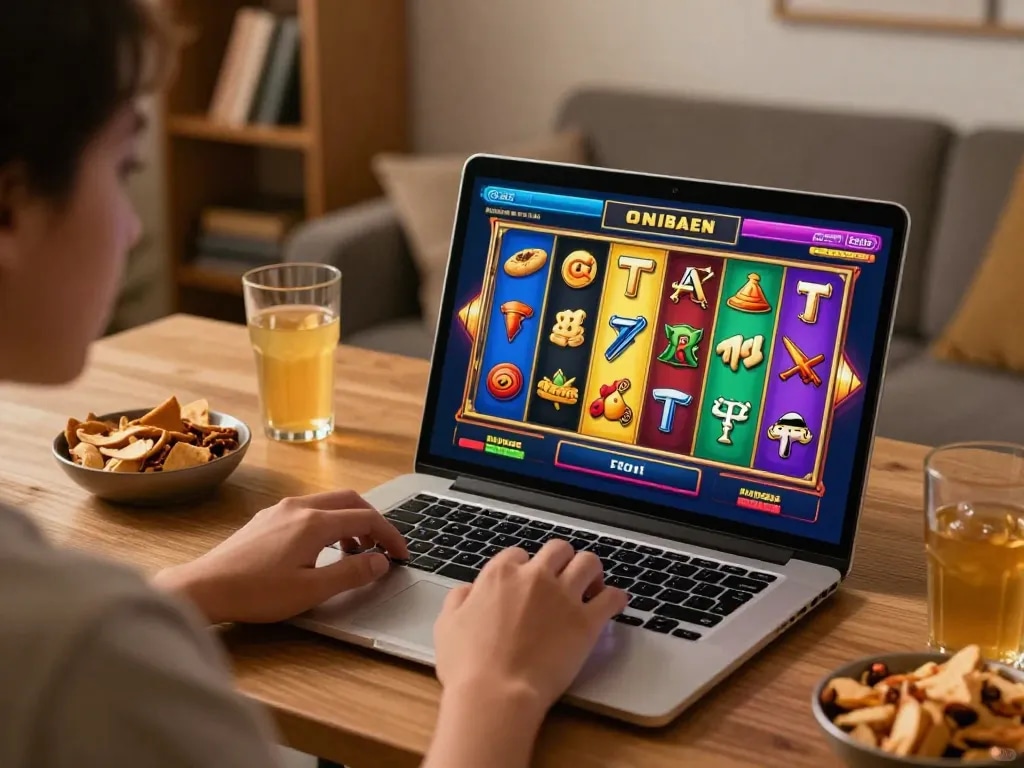 situs slot action in a cozy home gaming setup with player on laptop during slot game