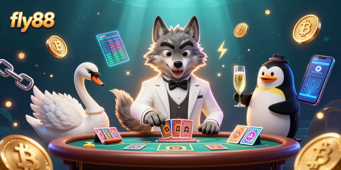 A 3D illustration scene showcasing fly88 characters like a wolf and a swan at a baccarat table amidst vibrant casino elements.