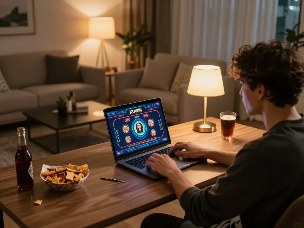 Kuwin user engaging in online casino gaming at home with a laptop, showcasing a cozy and strategic environment.