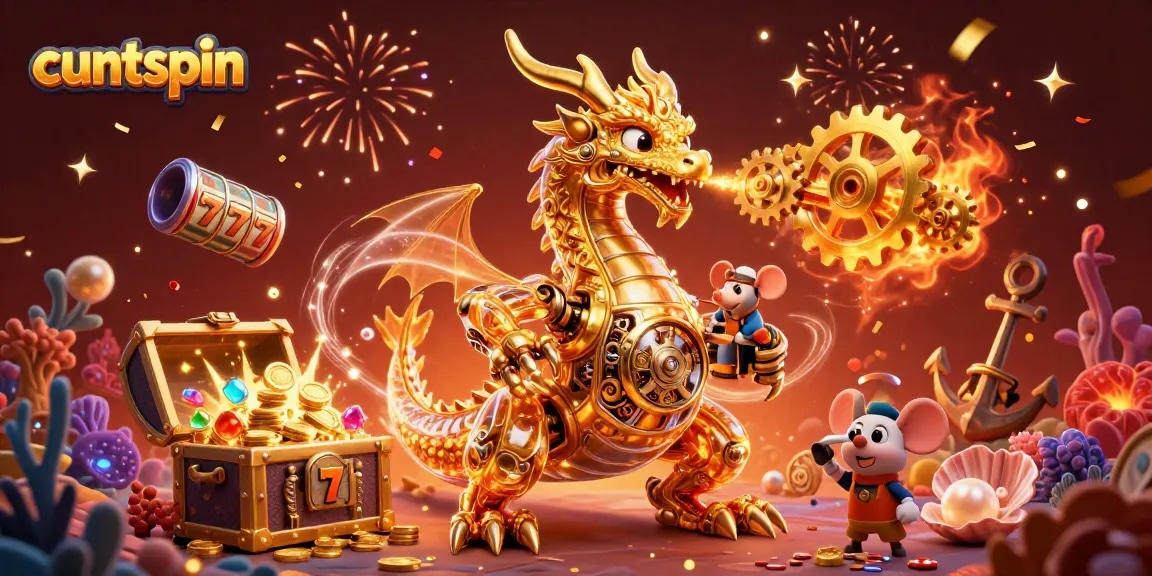 Experience thrilling casino action with cuntspin, featuring a golden dragon amidst slot elements and treasures.