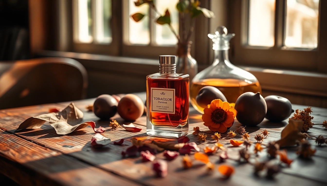 Experience the luxurious Tobacolor perfume next to tobacco leaves and plums on a wooden table.