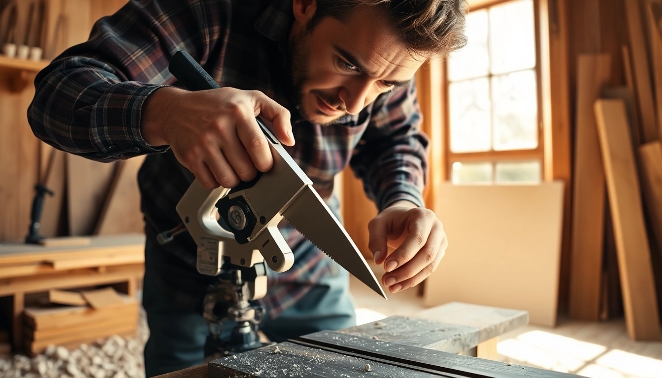 Woodworker demonstrating precise cuts with a hand mitre saw on crown molding.